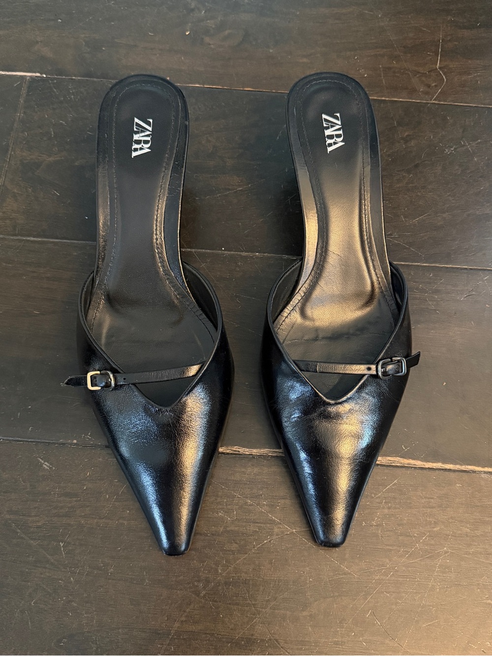 Zara Black Pointed Slip-On Mule Heels with Slim Buckle Strap